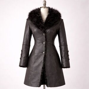 Jones New York Long Faux Leather Fur Lined Coat Black size L (Once Worn)
